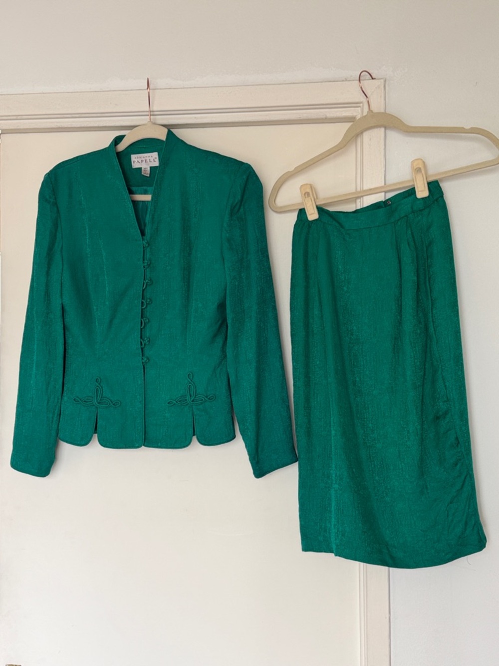 Vintage Adrianna Papell Teal Textured Button-Front Jacket skirt suit set